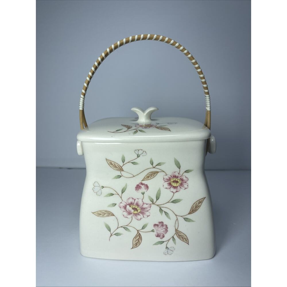 RARE Oriental Cottagecore Cookie Jar Wicker Handle pink Flowers Symco Japan